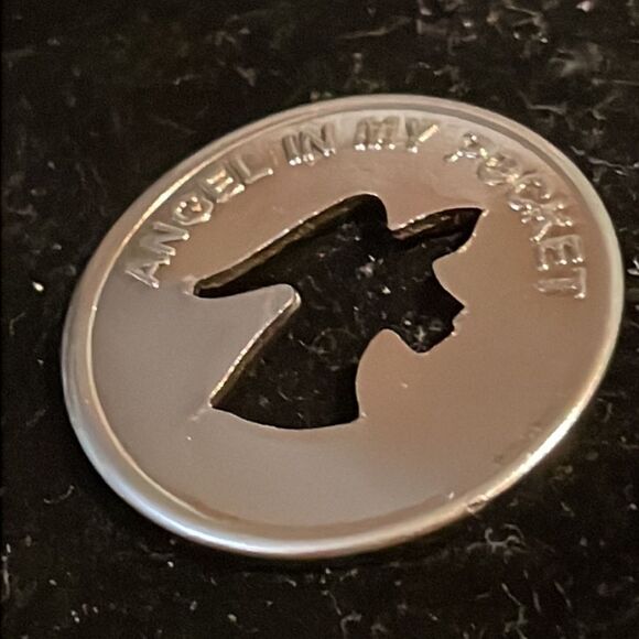 1” silver tone round coin w/Angel shape cut out “Angel in my pocket” - Picture 4 of 12